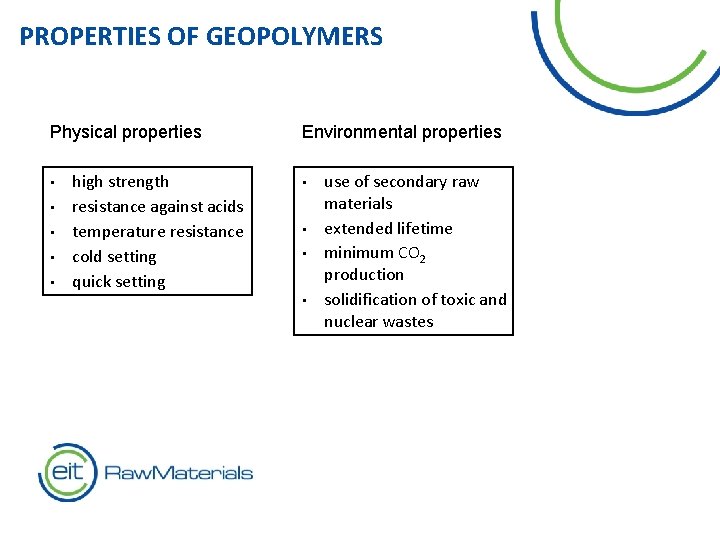 PROPERTIES OF GEOPOLYMERS Physical properties • • • high strength resistance against acids temperature
