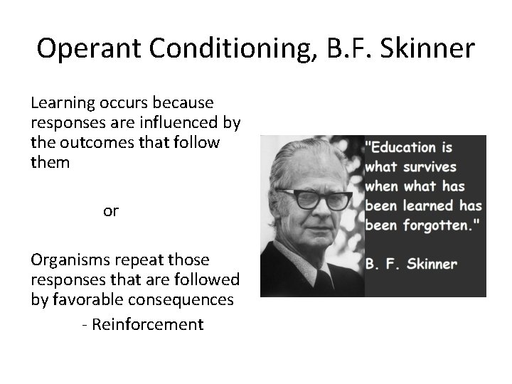 Operant Conditioning, B. F. Skinner Learning occurs because responses are influenced by the outcomes