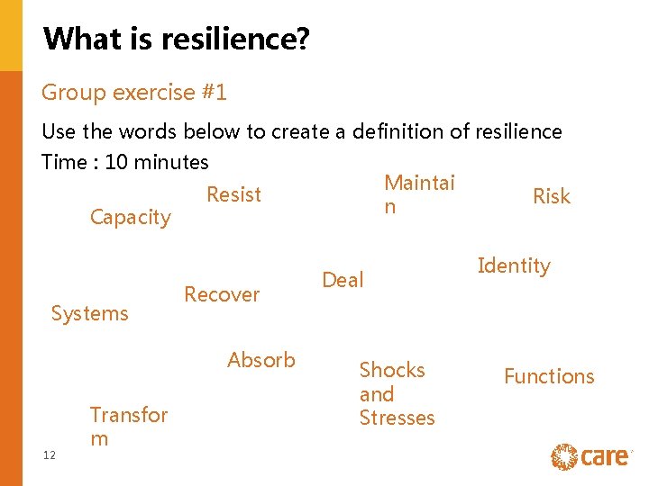 What is resilience? Group exercise #1 Use the words below to create a definition