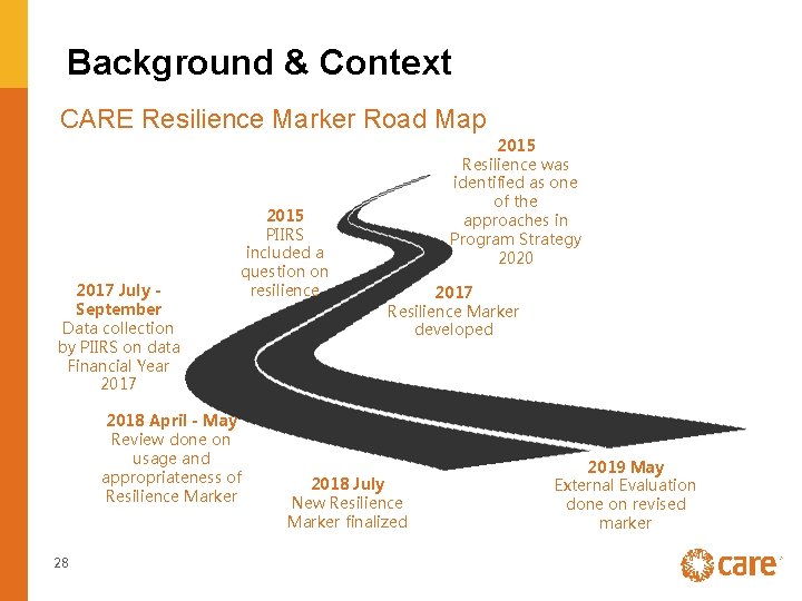 Background & Context CARE Resilience Marker Road Map 2017 July September Data collection by