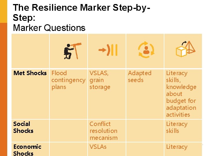 The Resilience Marker Step-by. Step: Marker Questions Met Shocks Flood VSLAS, contingency grain plans