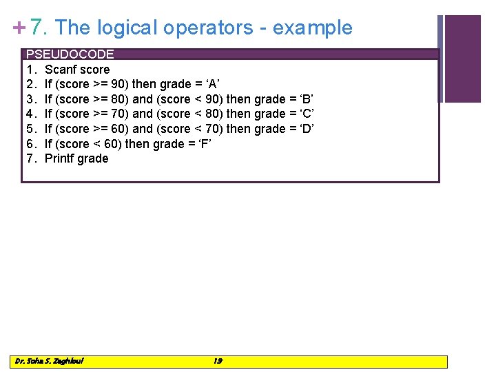 + 7. The logical operators - example PSEUDOCODE 1. Scanf score 2. If (score
