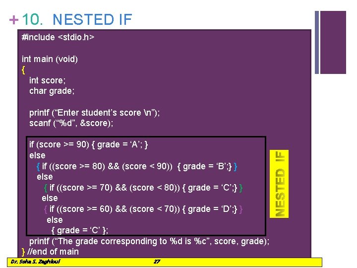 + 10. NESTED IF #include <stdio. h> int main (void) { int score; char