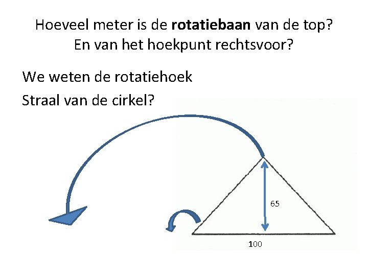 Hoeveel meter is de rotatiebaan van de top? En van het hoekpunt rechtsvoor? We