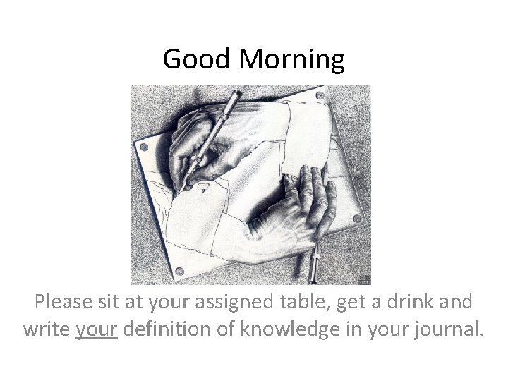 Good Morning Please sit at your assigned table, get a drink and write your