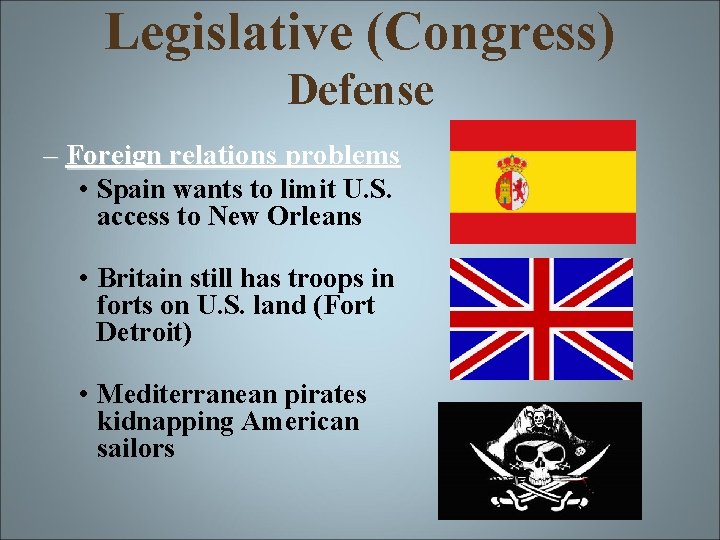 Legislative (Congress) Defense – Foreign relations problems • Spain wants to limit U. S.