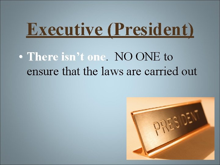 Executive (President) • There isn’t one NO ONE to ensure that the laws are