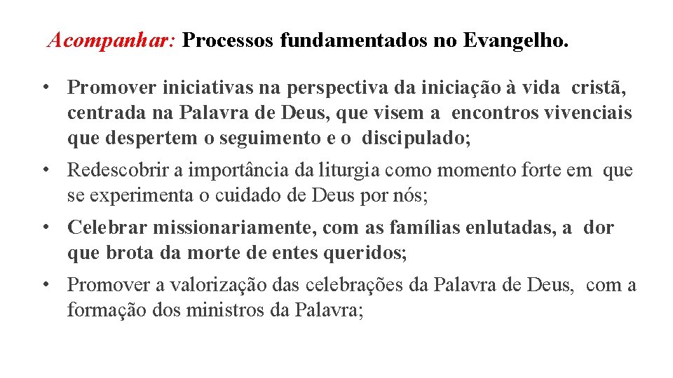 Acompanhar: Processos fundamentados no Evangelho. • Promover iniciativas na perspectiva da iniciação à vida Acompanhar: Processos fundamentados no Evangelho. • Promover iniciativas na perspectiva da iniciação à vida