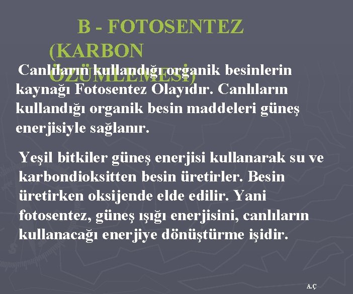 B - FOTOSENTEZ (KARBON Canlıların kullandığı organik besinlerin ÖZÜMLEMESİ) kaynağı Fotosentez Olayıdır. Canlıların kullandığı