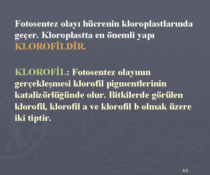 Fotosentez olayı hücrenin kloroplastlarında geçer. Kloroplastta en önemli yapı KLOROFİLDİR. KLOROFİL: Fotosentez olayının gerçekleşmesi