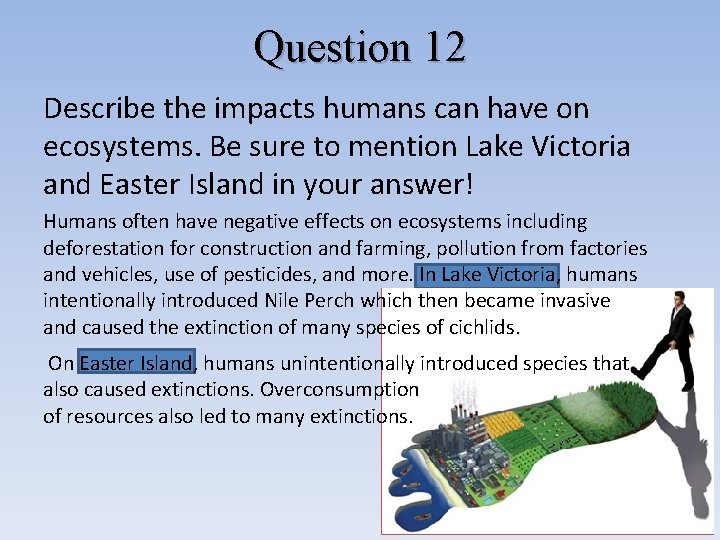 Question 12 Describe the impacts humans can have on ecosystems. Be sure to mention Question 12 Describe the impacts humans can have on ecosystems. Be sure to mention