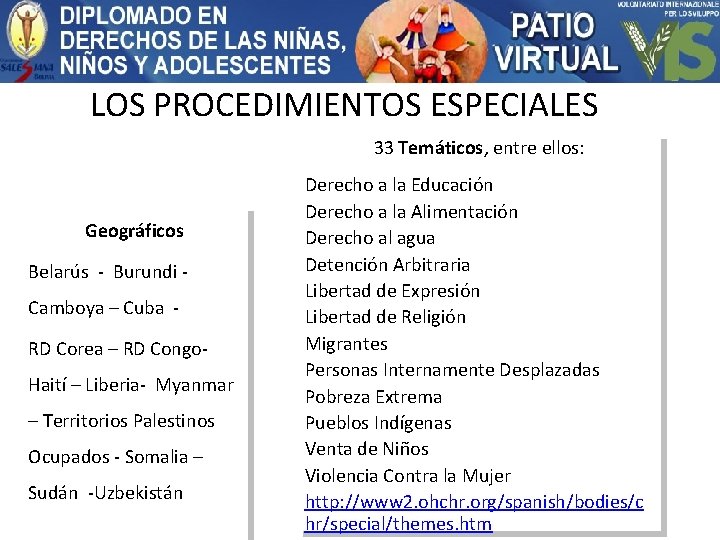 LLOS PROCEDIMIENTOS ESPECIALES 33 Temáticos, entre ellos: Geográficos Belarús - Burundi Camboya – Cuba