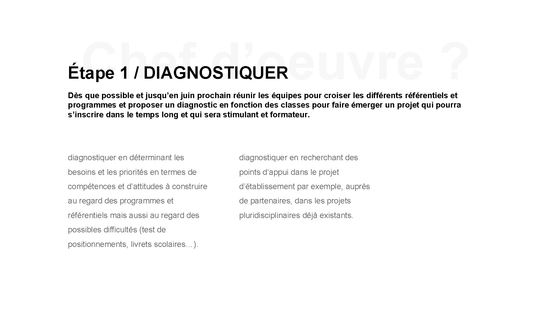 Chef d’oeuvre ? Étape 1 / DIAGNOSTIQUER Dès que possible et jusqu’en juin prochain