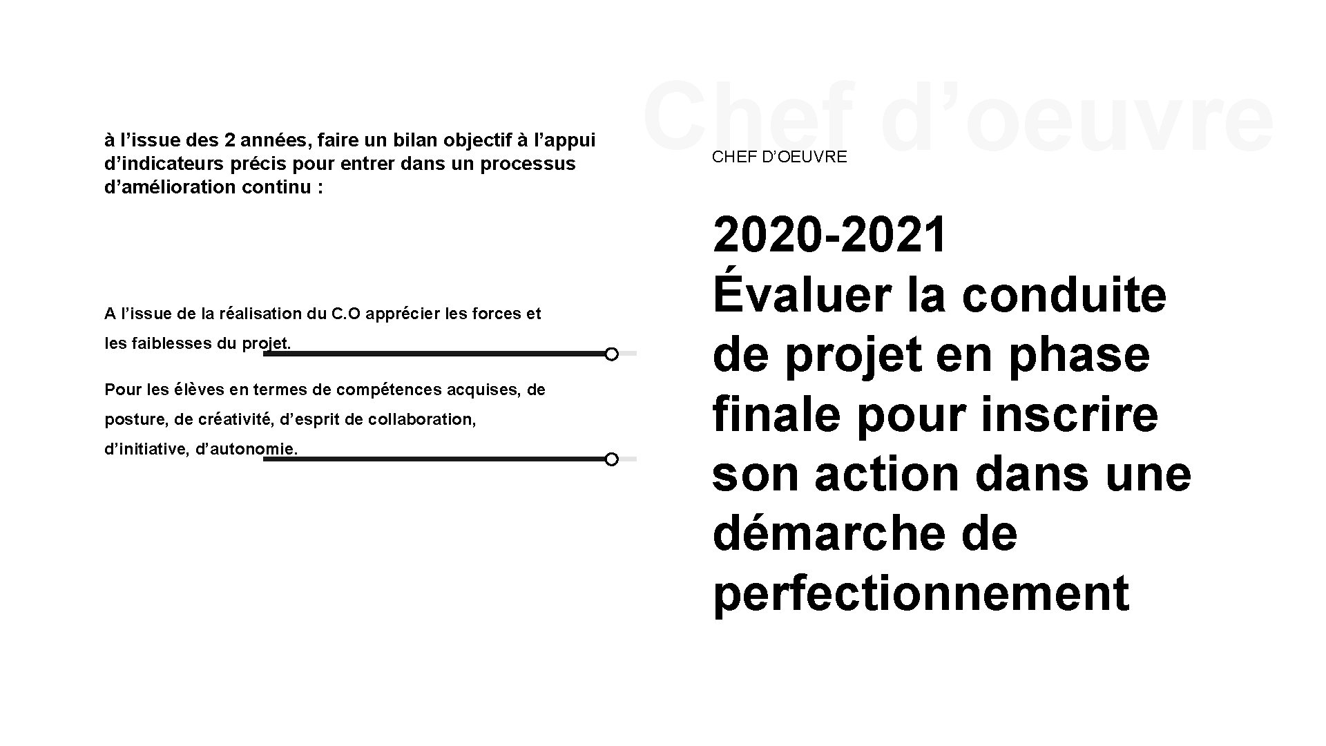 à l’issue des 2 années, faire un bilan objectif à l’appui d’indicateurs précis pour