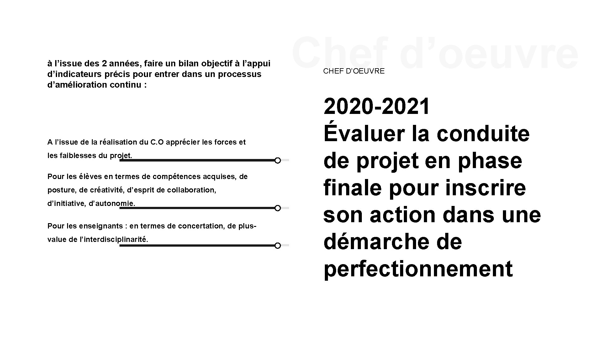 à l’issue des 2 années, faire un bilan objectif à l’appui d’indicateurs précis pour