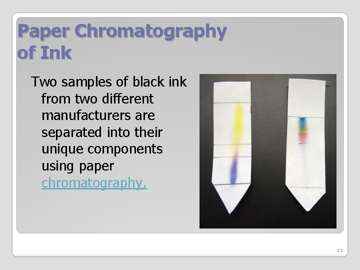 Paper Chromatography of Ink Two samples of black ink from two different manufacturers are