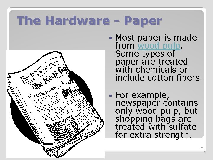 The Hardware - Paper § Most paper is made from wood pulp. Some types