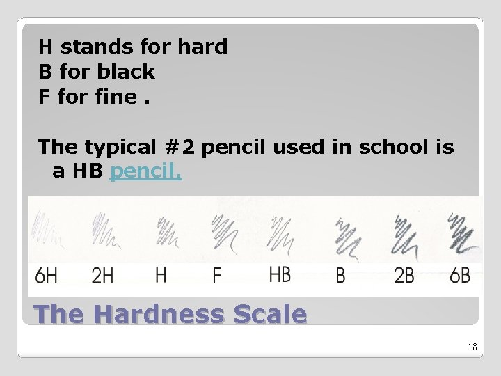 H stands for hard B for black F for fine. The typical #2 pencil