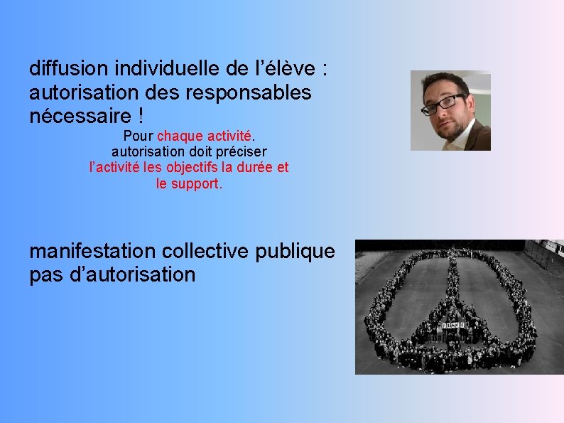 diffusion individuelle de l’élève : autorisation des responsables nécessaire ! Pour chaque activité. autorisation