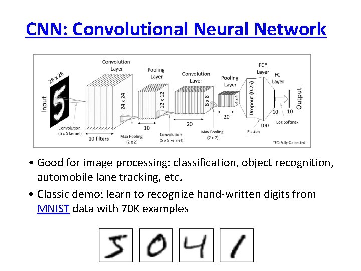 CNN: Convolutional Neural Network • Good for image processing: classification, object recognition, automobile lane