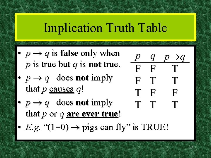 Implication Truth Table • p q is false only when p is true but