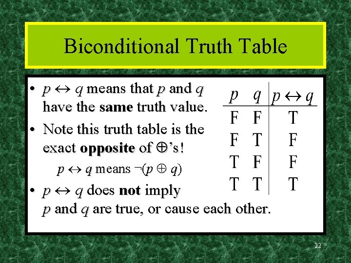 Biconditional Truth Table • p q means that p and q have the same
