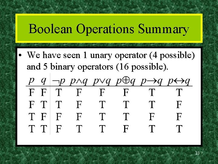 Boolean Operations Summary • We have seen 1 unary operator (4 possible) and 5