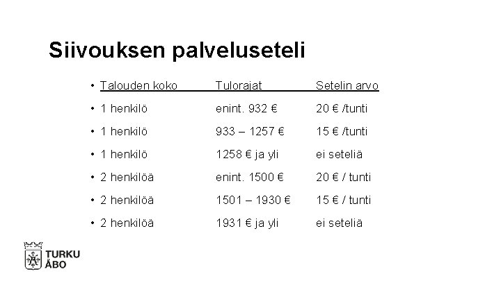 Siivouksen palveluseteli • Talouden koko Tulorajat Setelin arvo • 1 henkilö enint. 932 €