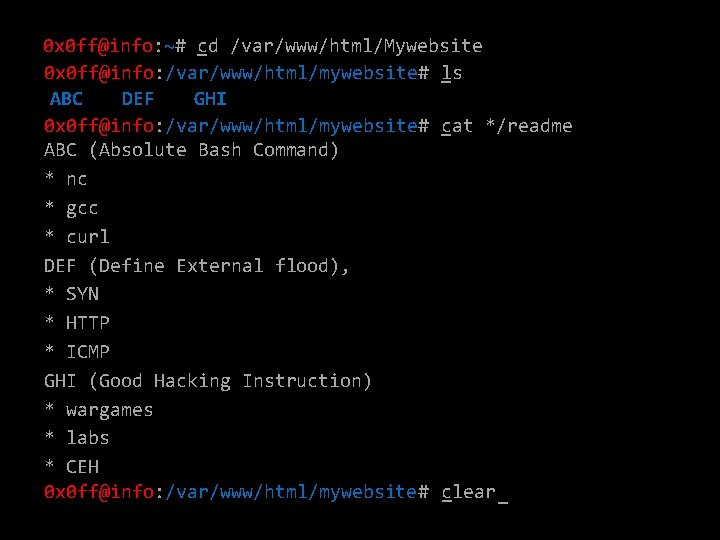 0 x 0 ff@info: ~# _cd /var/www/html/Mywebsite 0 x 0 ff@info: /var/www/html/mywebsite# ls _