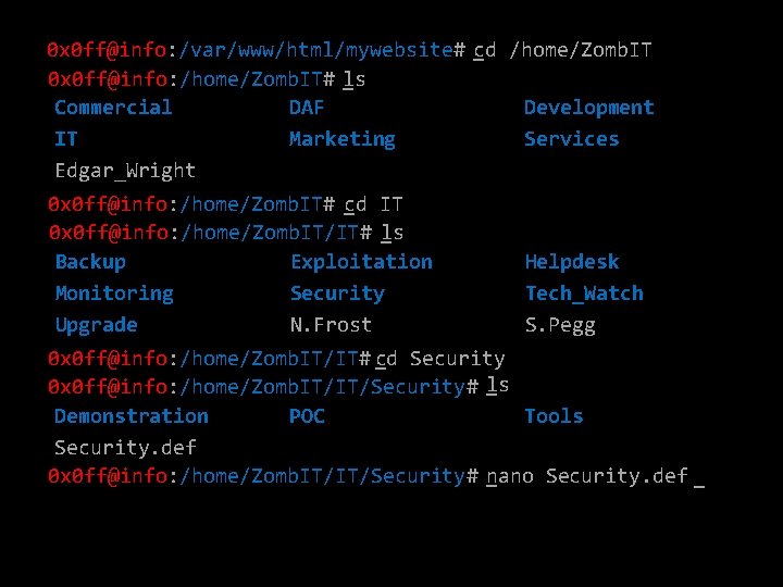 0 x 0 ff@info: /var/www/html/mywebsite# _cd /home/Zomb. IT 0 x 0 ff@info: /home/Zomb. IT#