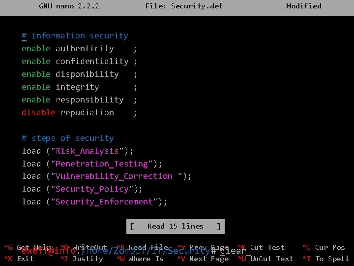 GNU nano 2. 2. 2 # information security _ enable authenticity enable confidentiality enable