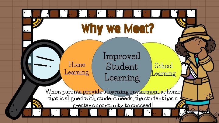 Why we Meet? Home Learning Improved Student Learning School Learning When parents provide a