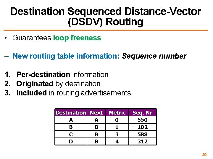 Destination Sequenced Distance-Vector (DSDV) Routing • Guarantees loop freeness – New routing table information: