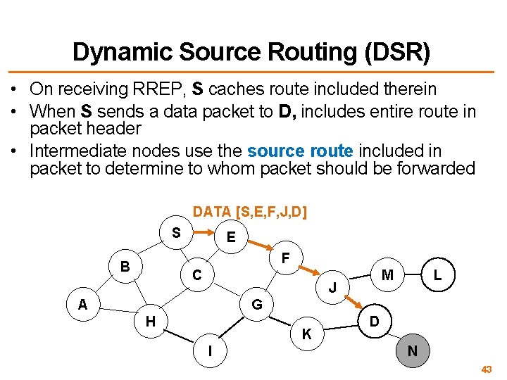 Dynamic Source Routing (DSR) • On receiving RREP, S caches route included therein •