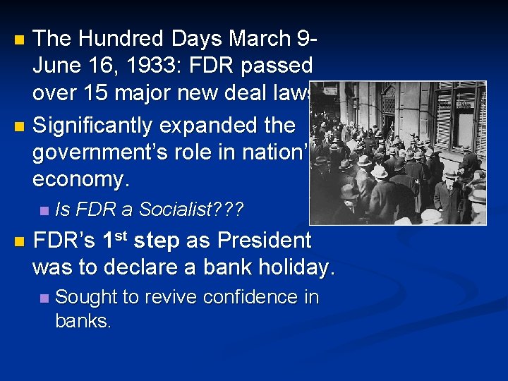 The Hundred Days March 9 June 16, 1933: FDR passed over 15 major new The Hundred Days March 9 June 16, 1933: FDR passed over 15 major new