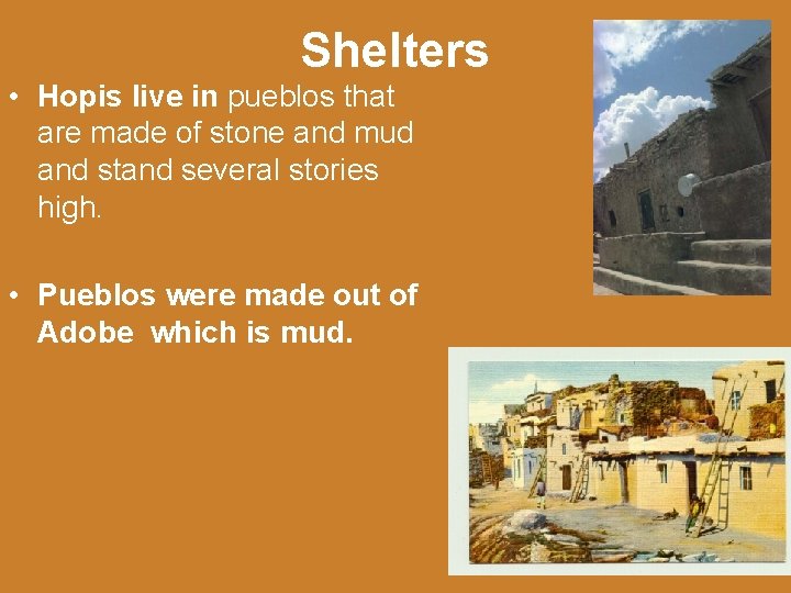 Shelters • Hopis live in pueblos that are made of stone and mud and