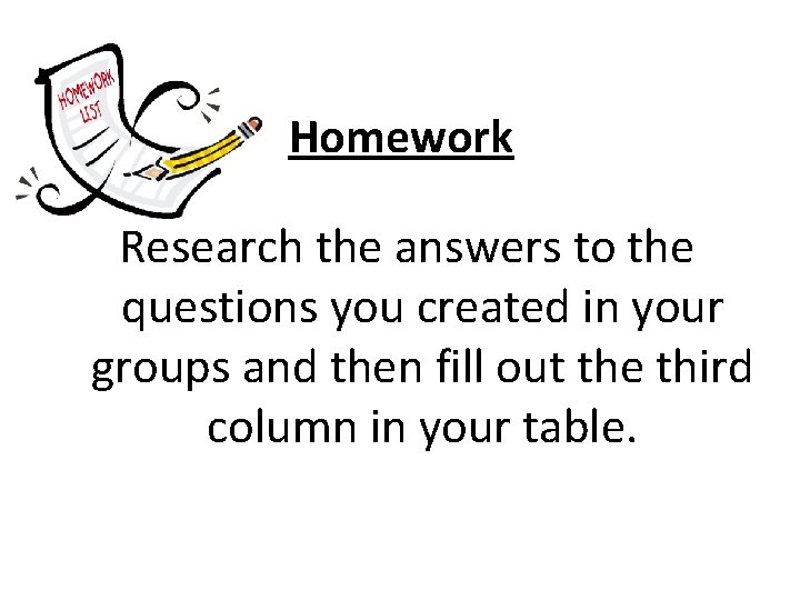 Homework Research the answers to the questions you created in your groups and then