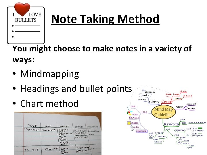 Note Taking Method You might choose to make notes in a variety of ways: