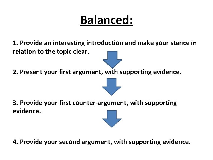 Balanced: 1. Provide an interesting introduction and make your stance in relation to the