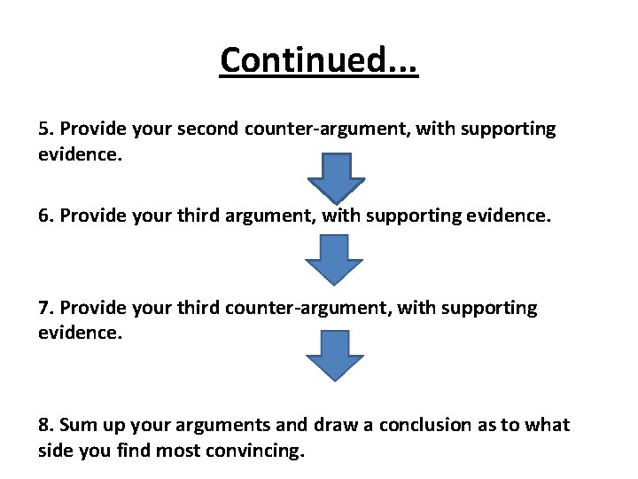 Continued. . . 5. Provide your second counter-argument, with supporting evidence. 6. Provide your
