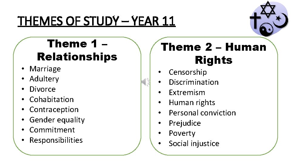 THEMES OF STUDY – YEAR 11 • • Theme 1 – Relationships Marriage Adultery