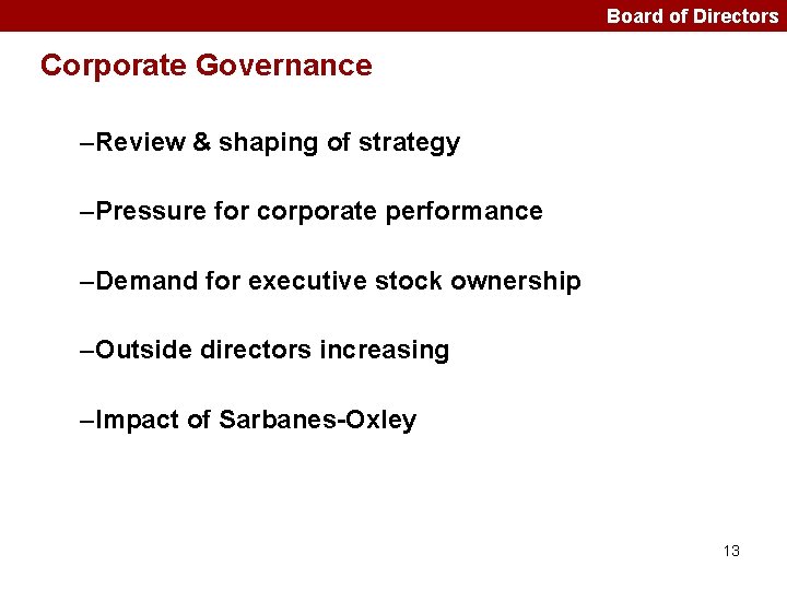 Board of Directors Corporate Governance –Review & shaping of strategy –Pressure for corporate performance