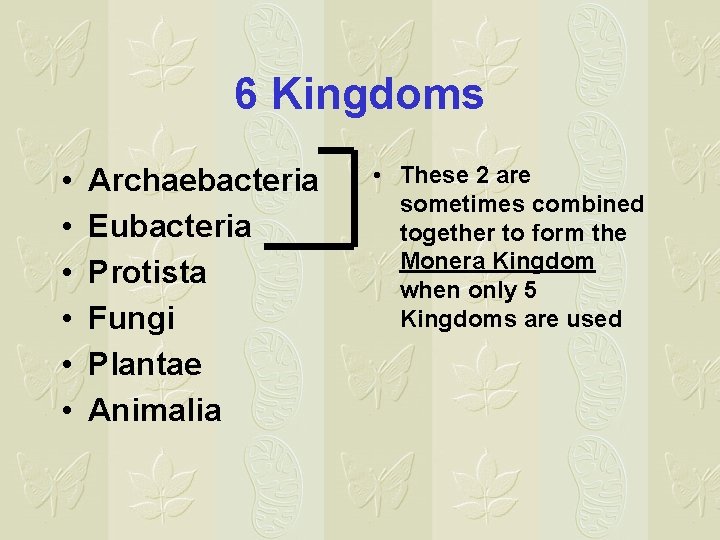 6 Kingdoms • • • Archaebacteria Eubacteria Protista Fungi Plantae Animalia • These 2