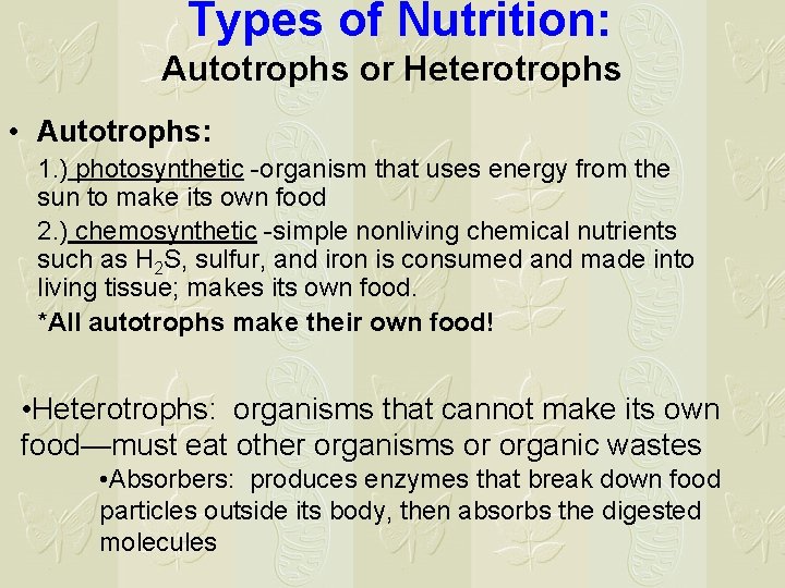 Types of Nutrition: Autotrophs or Heterotrophs • Autotrophs: 1. ) photosynthetic -organism that uses