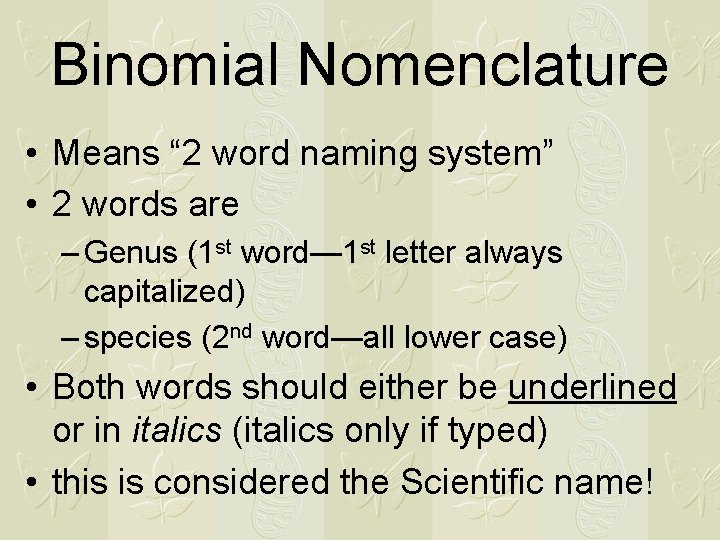 Binomial Nomenclature • Means “ 2 word naming system” • 2 words are –