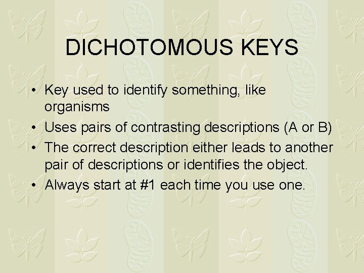 DICHOTOMOUS KEYS • Key used to identify something, like organisms • Uses pairs of