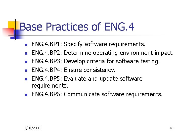 Base Practices of ENG. 4 n n n ENG. 4. BP 1: Specify software