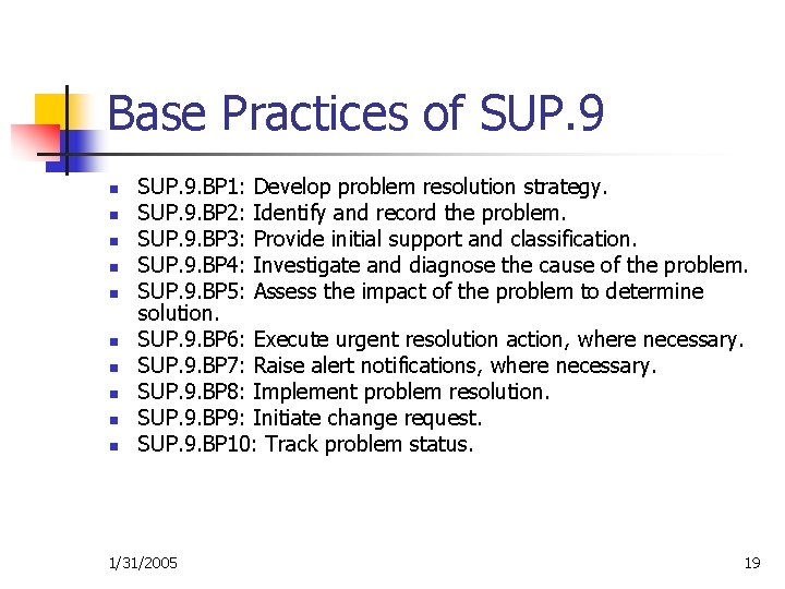Base Practices of SUP. 9 n n n n n SUP. 9. BP 1: