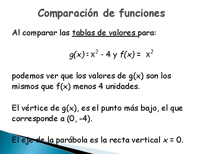 Comparación de funciones Al comparar las tablas de valores para: g(x) = - 4