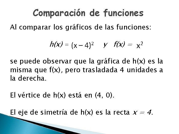 Comparación de funciones Al comparar los gráficos de las funciones: h(x) = y f(x)